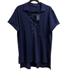 NWT Polo Ralph Lauren Lace Up Boyfriend Polo Dress Shirt Navy Blue Mesh Size L